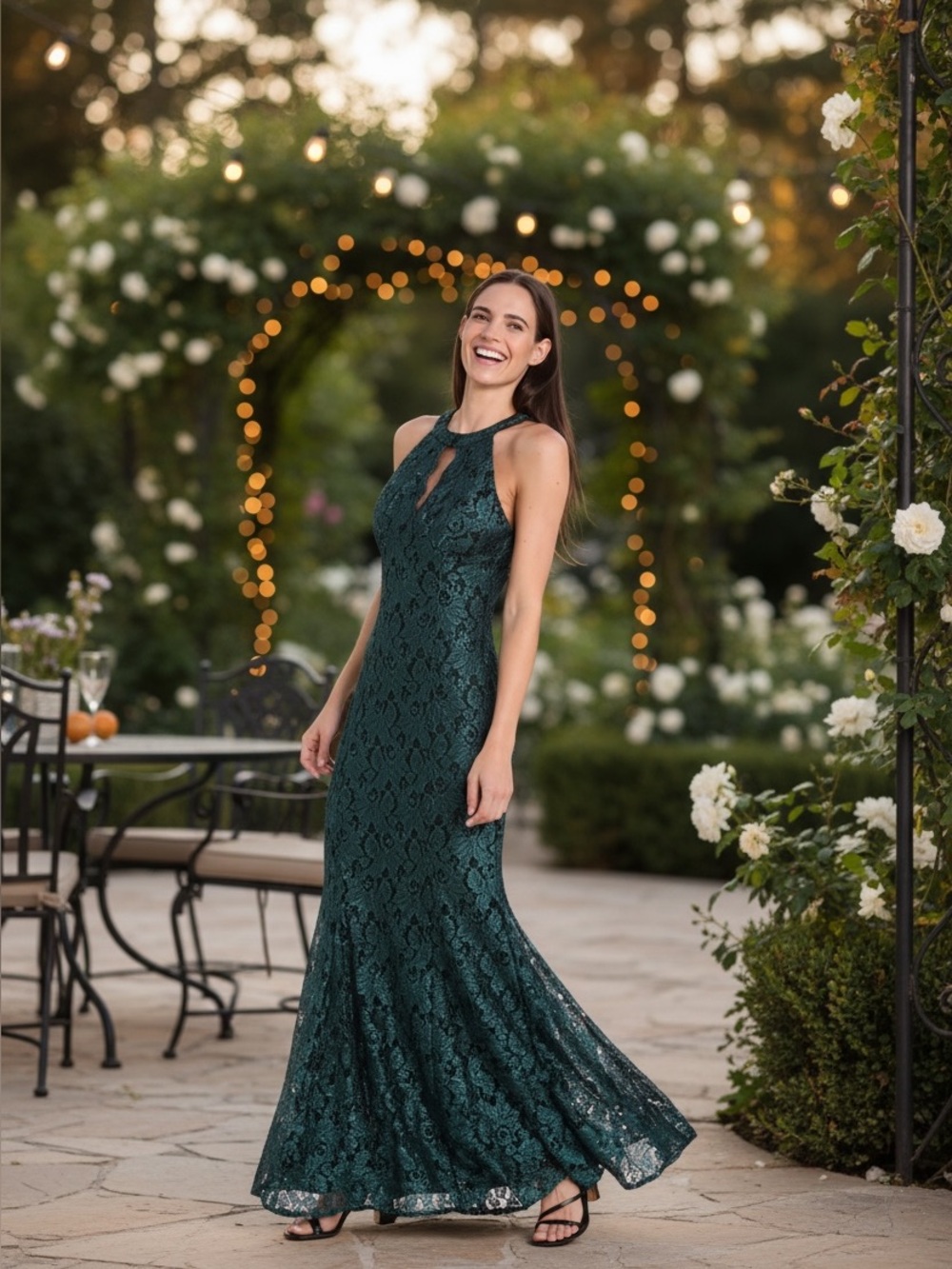 R&M Richards Dark Green Lace Halter Maxi Dress